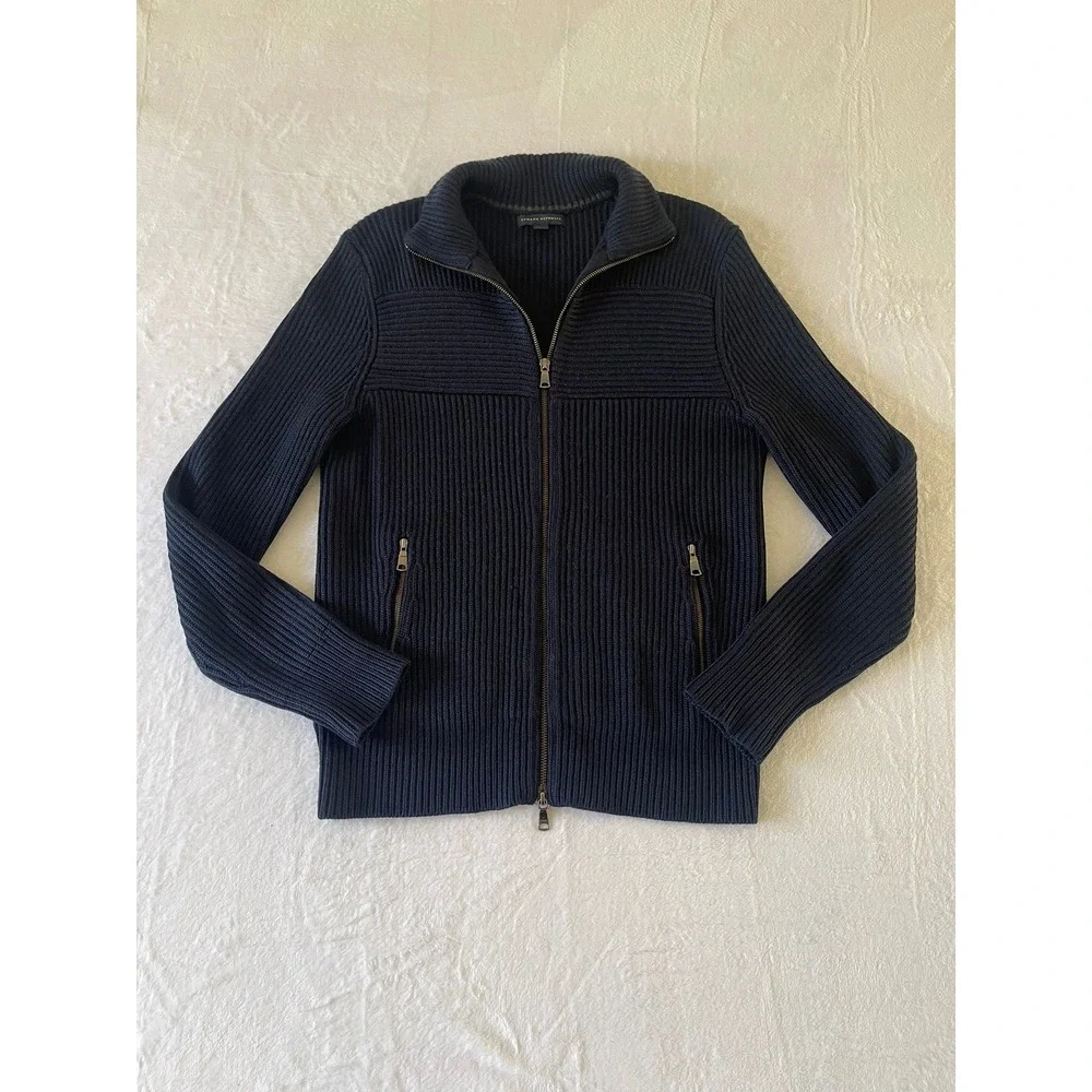 Banana Republic Mens M Wool Blend Ribbed Full Zip Sweater Jacket Navy Blue